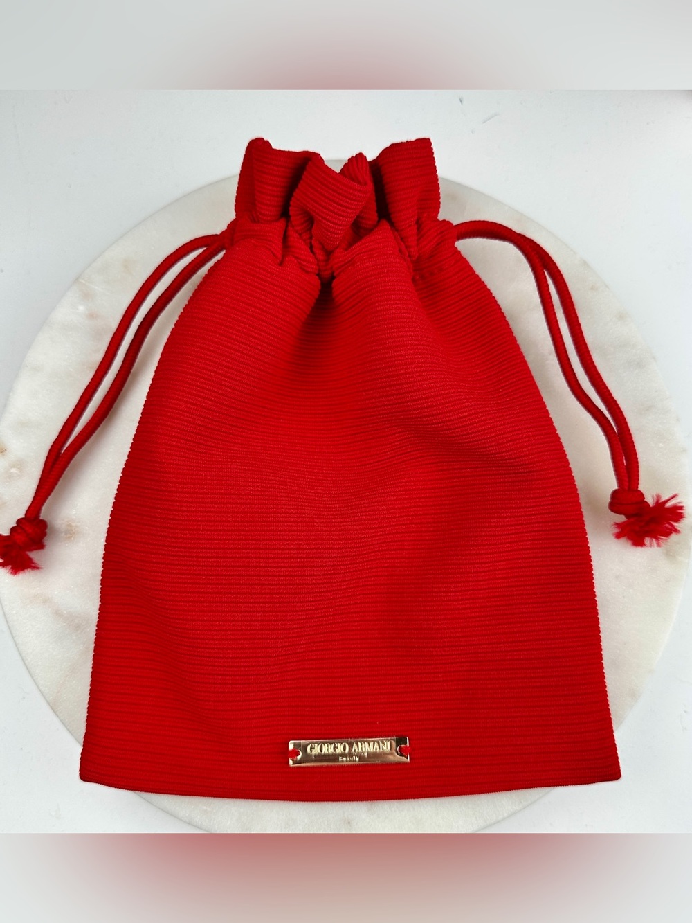 Giorgio Armani Beauty Red Drawstring Cosmetic Pouch Gold GA Logo NEW 7x8.5